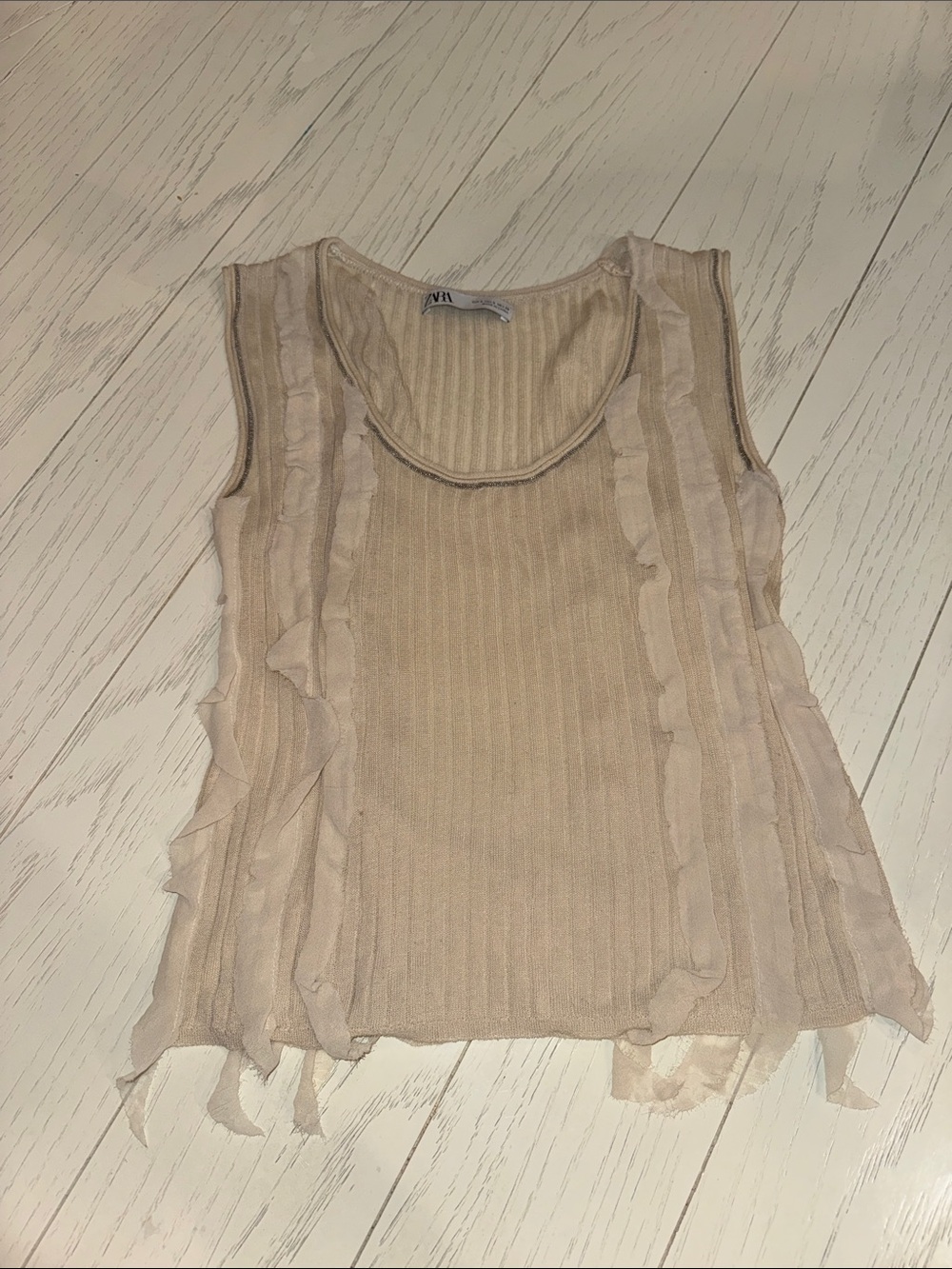 Zara Beige Ruffle-Trim Ribbed Tank - Picture 1 of 3